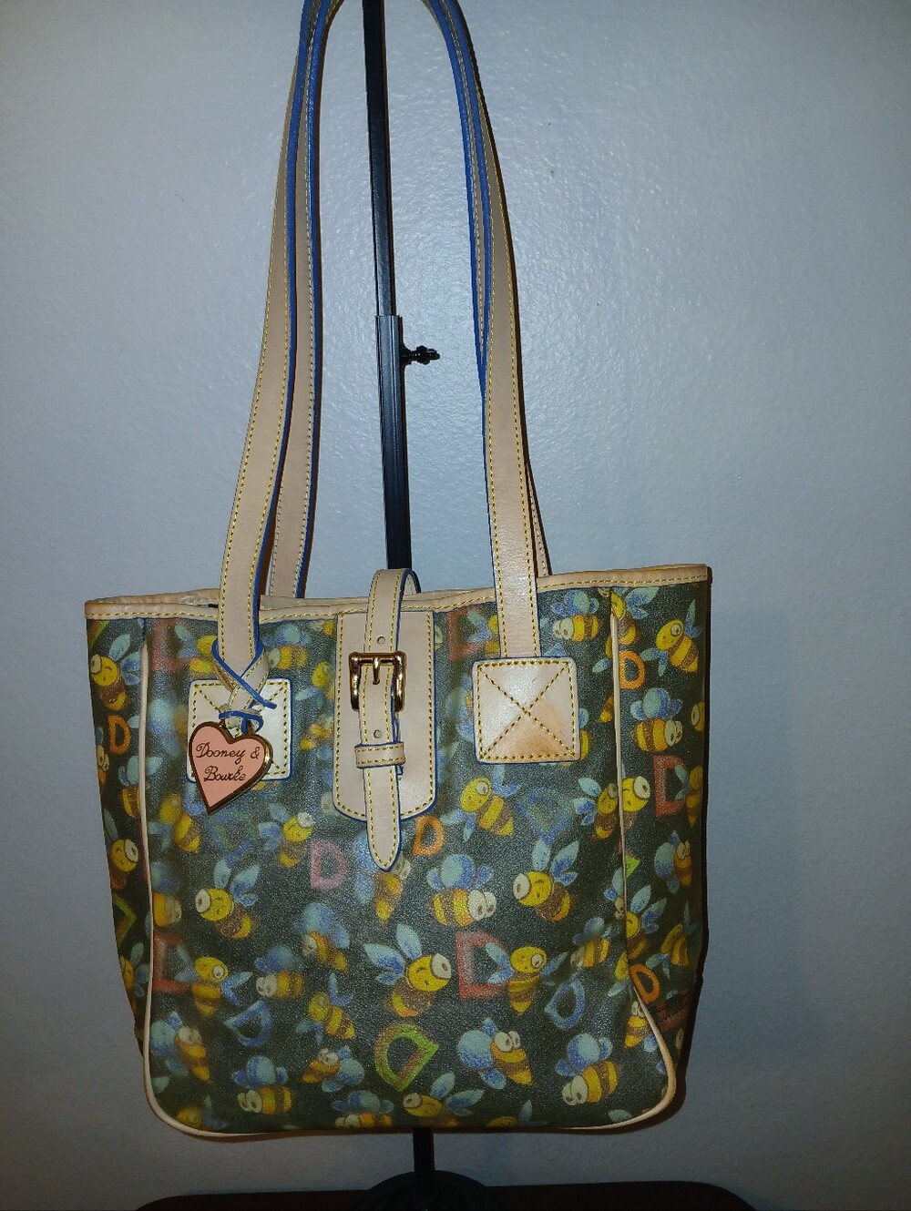 Vintage Dooney & Bourke Multicolor Bumblebee Print Leather-Trim Tote